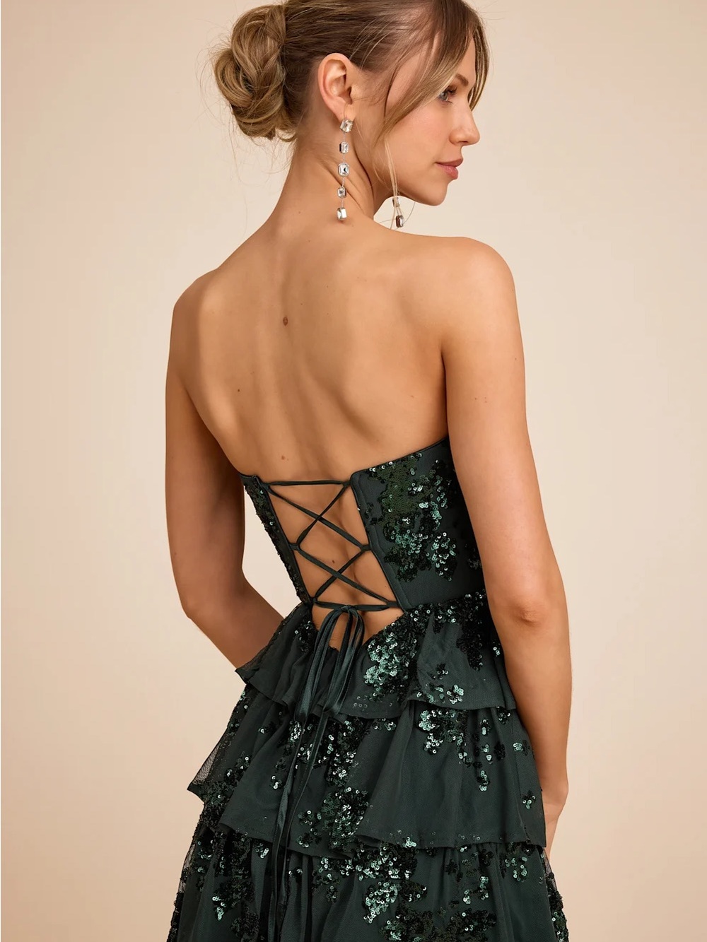 Lulu's Strapless Emerald Sequin Ruffle High-Low Gown - Picture 4 of 4